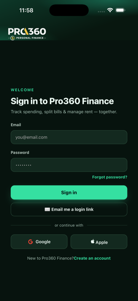 Sign in screen